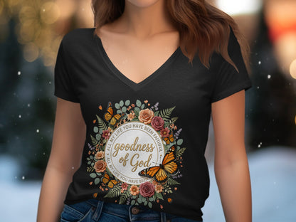 T-shirt with floral wreath, butterflies, and text "Goodness of God".