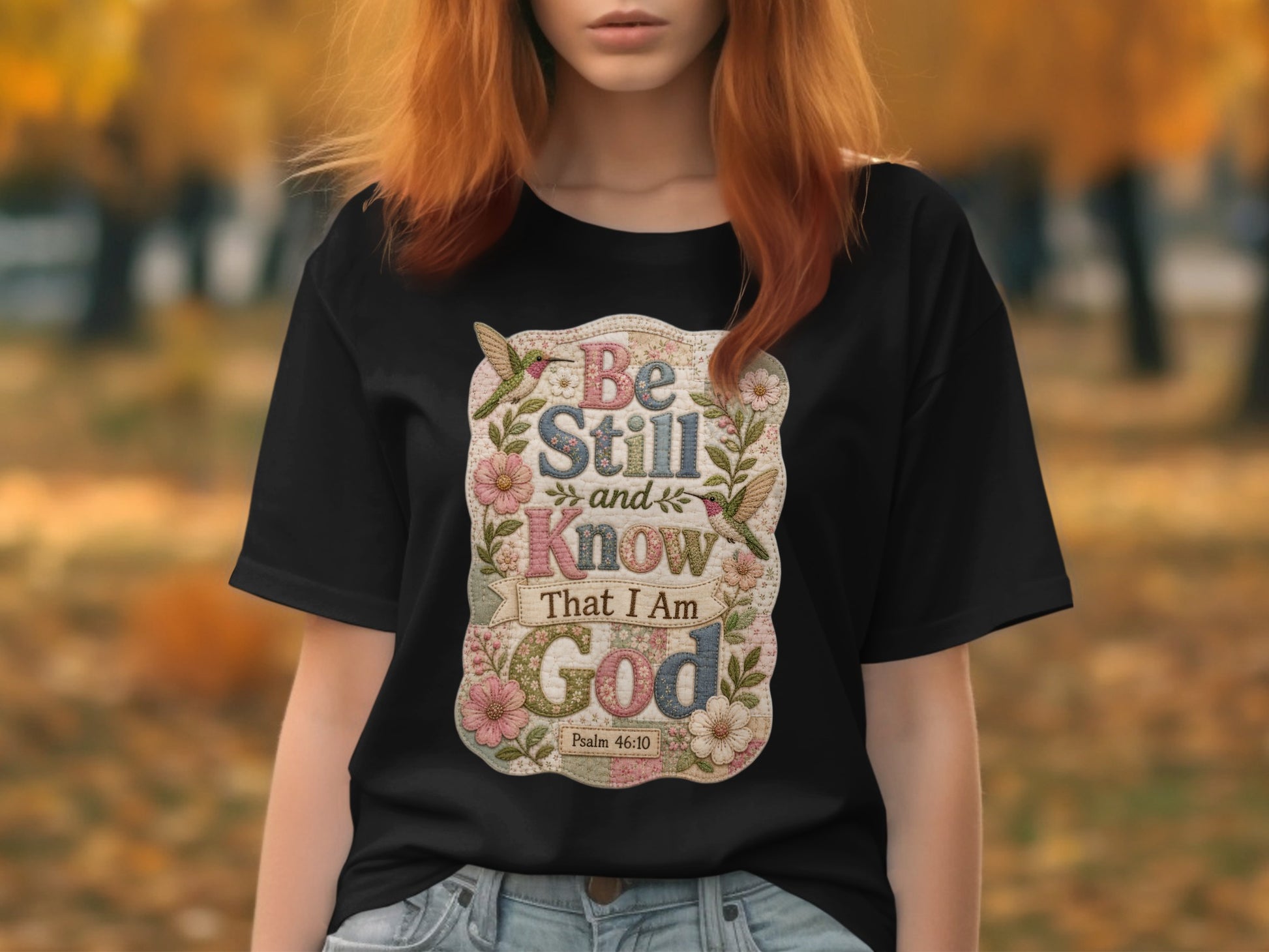 Black t-shirt with "Be Still and Know that I am God" floral design.