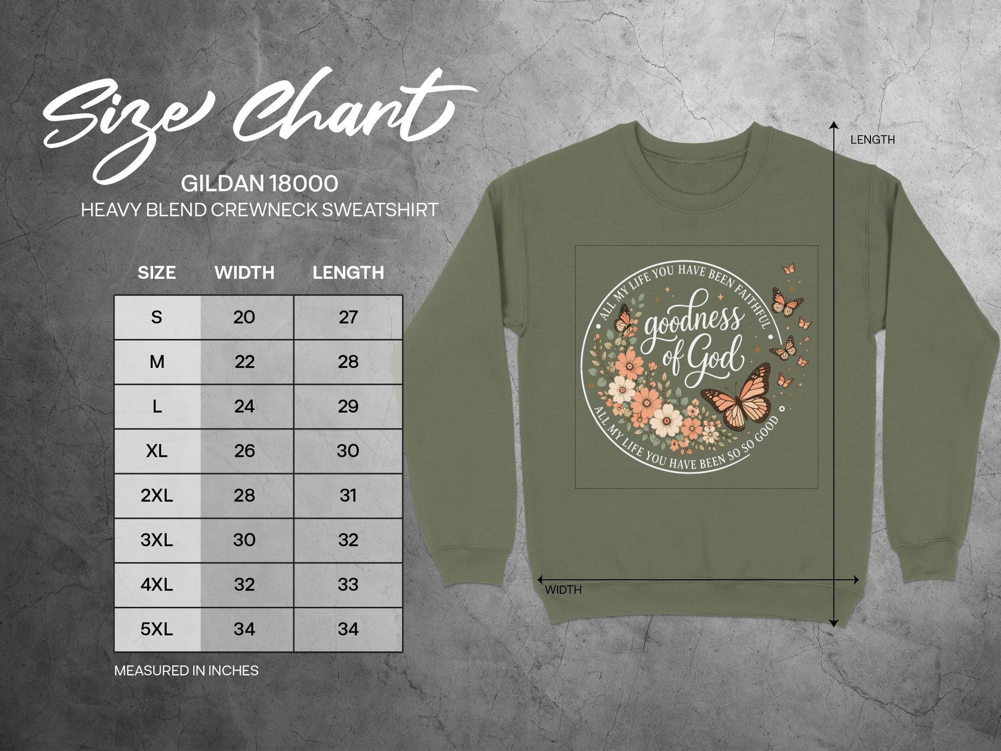Gildan 18000 size chart with crewneck sweatshirt mockup.