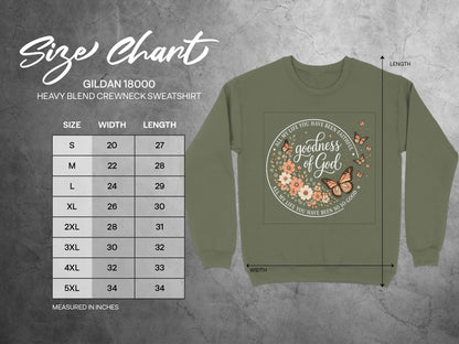 Gildan 18000 size chart with crewneck sweatshirt mockup.