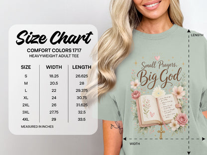 Comfort Colors 1717 heavyweight adult tee size chart with "Small Prayers, Big God" graphic.