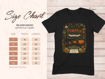 Gildan 64000 size chart and "Faith like a seed can move mountains" t-shirt.