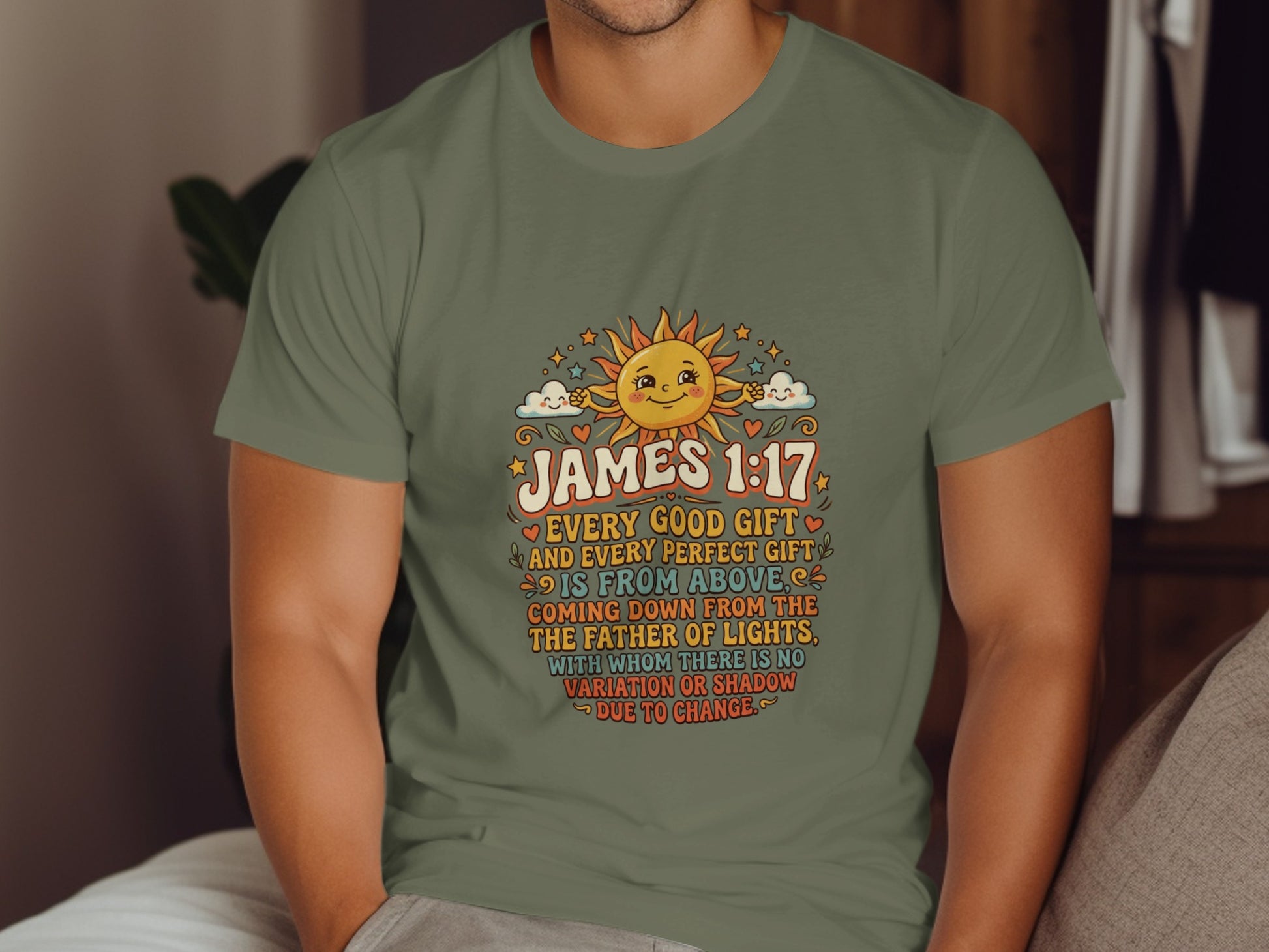 James 1:17 Bible verse on a green t-shirt with sun graphic.