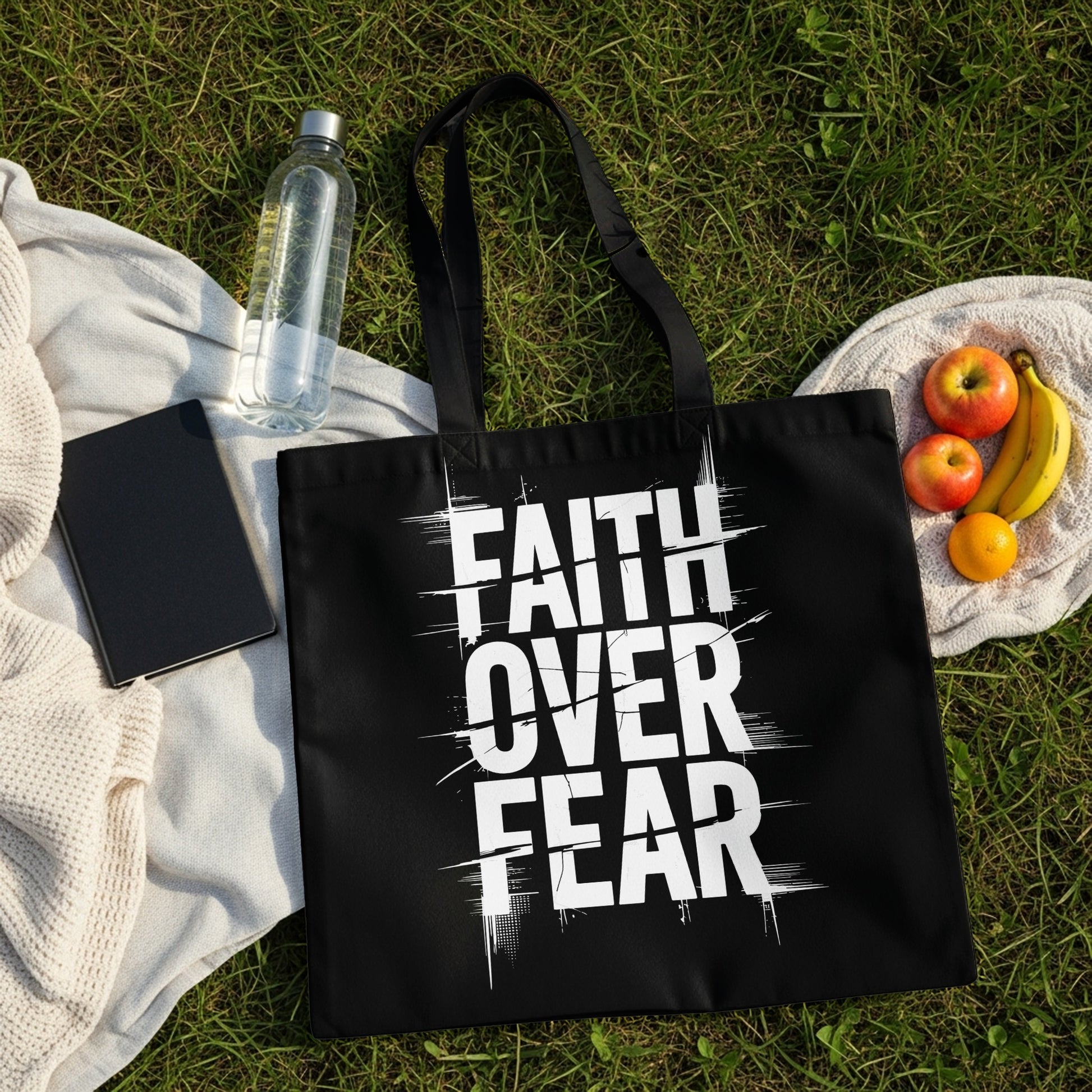 Black tote bag with white text "FAITH OVER FEAR" on grass.
