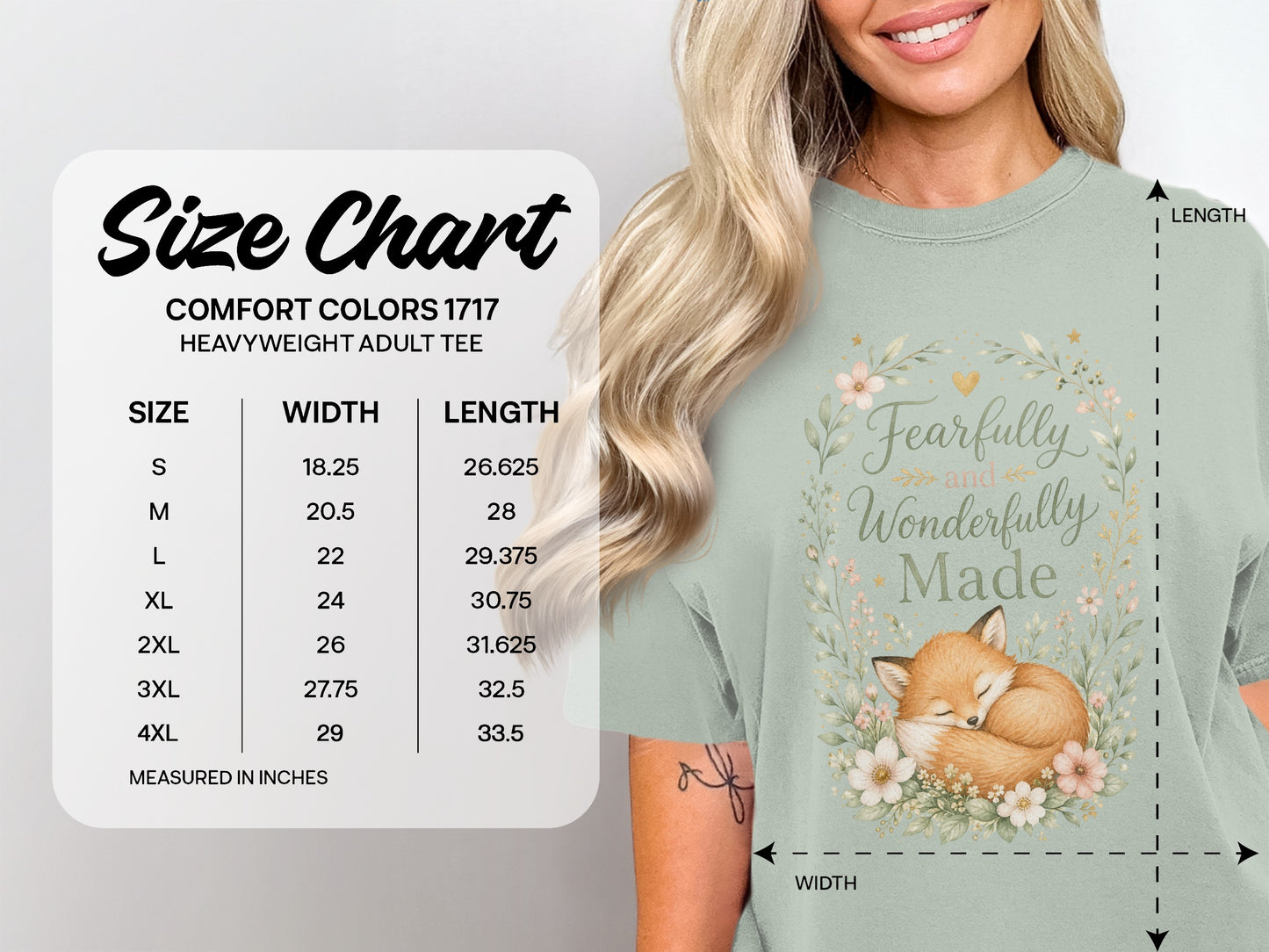 Comfort Colors size chart for adult heavyweight tee measures size, width, and length in inches.