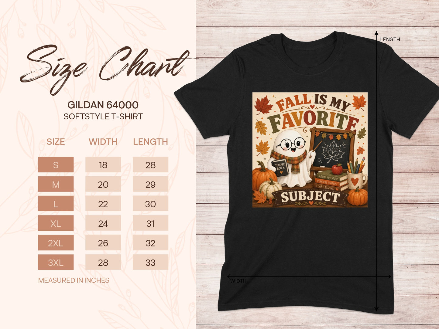Black Gildan t-shirt featuring a ghost with "Fall is My Favorite" and a blackboard.