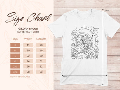 Gildan 64000 Softstyle T-shirt size chart with width and length measurements.
