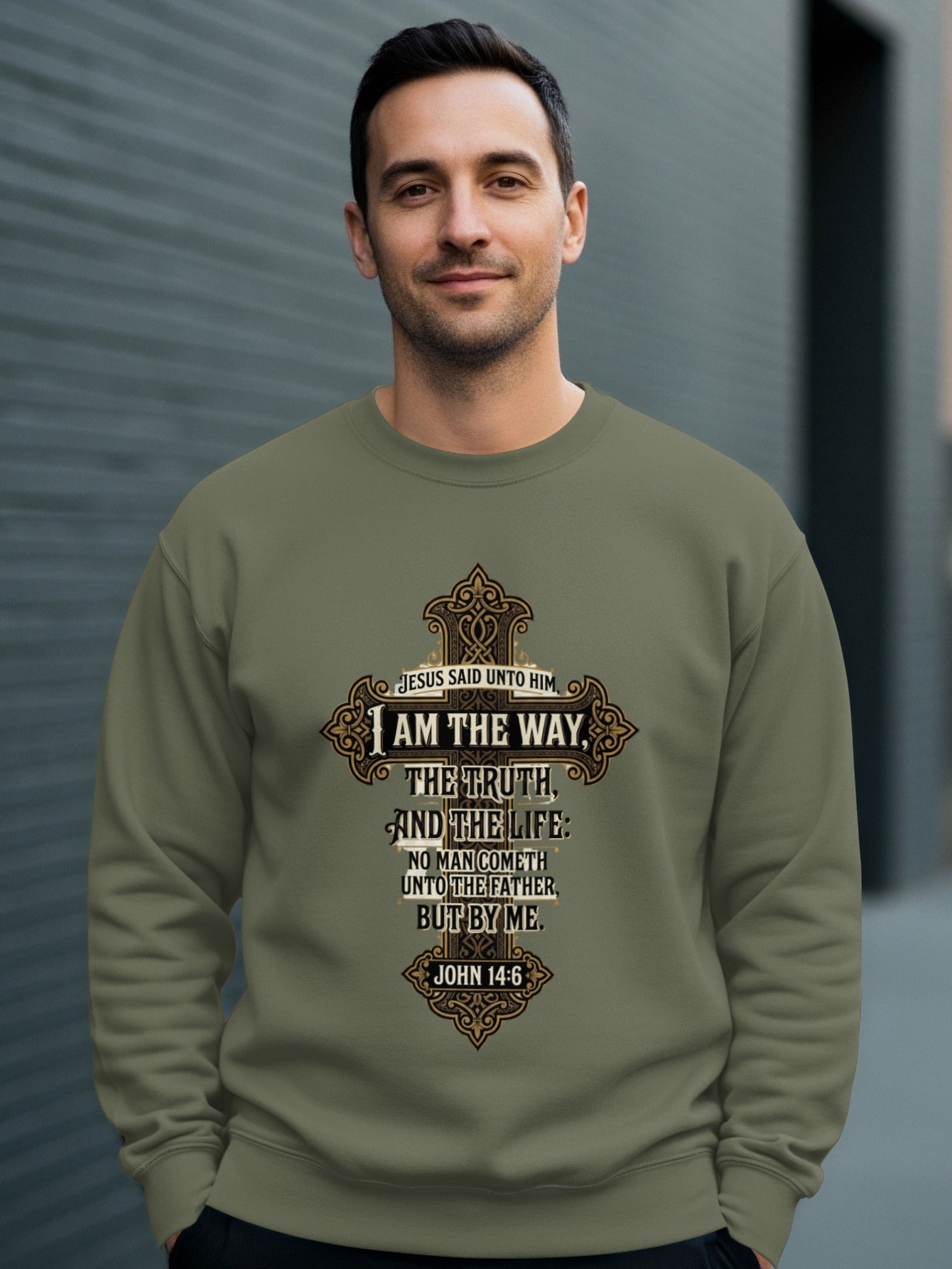 Crewneck sweatshirt with biblical verse John 14:6 about Jesus.