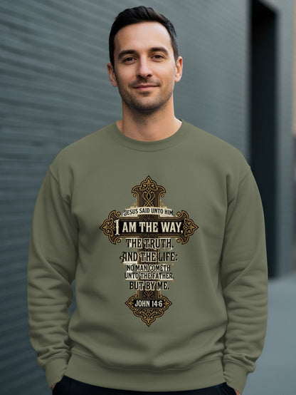 Crewneck sweatshirt with biblical verse John 14:6 about Jesus.