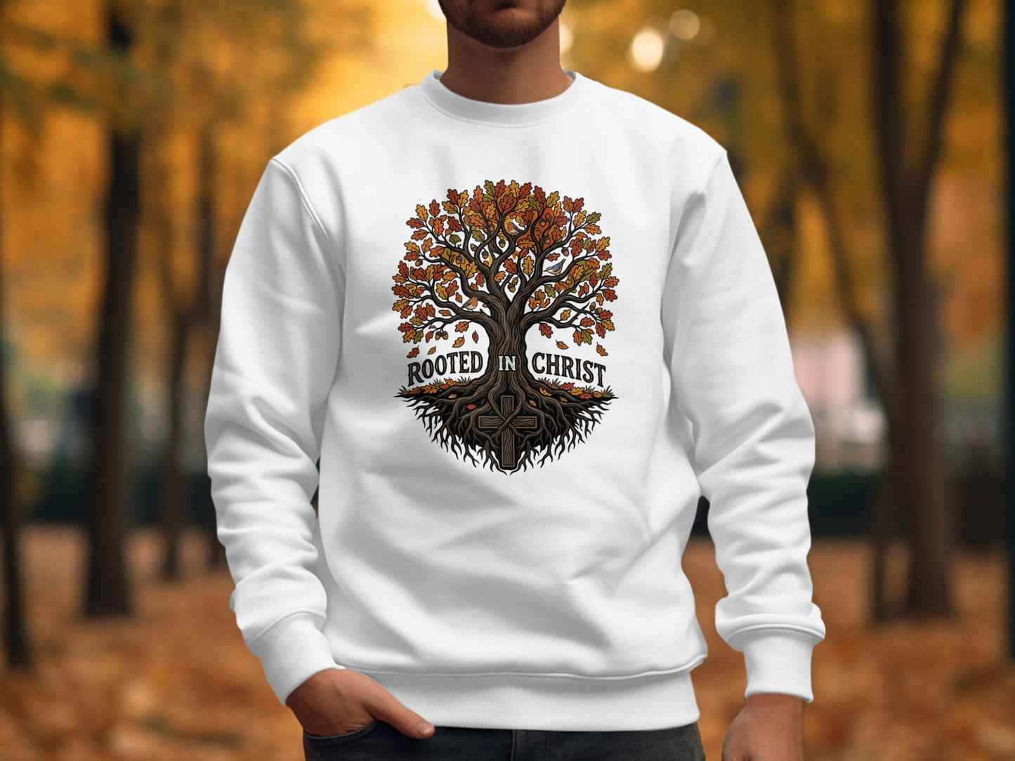 White sweatshirt with "Rooted in Christ" tree and cross design.
