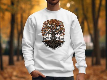 White sweatshirt with "Rooted in Christ" tree and cross design.