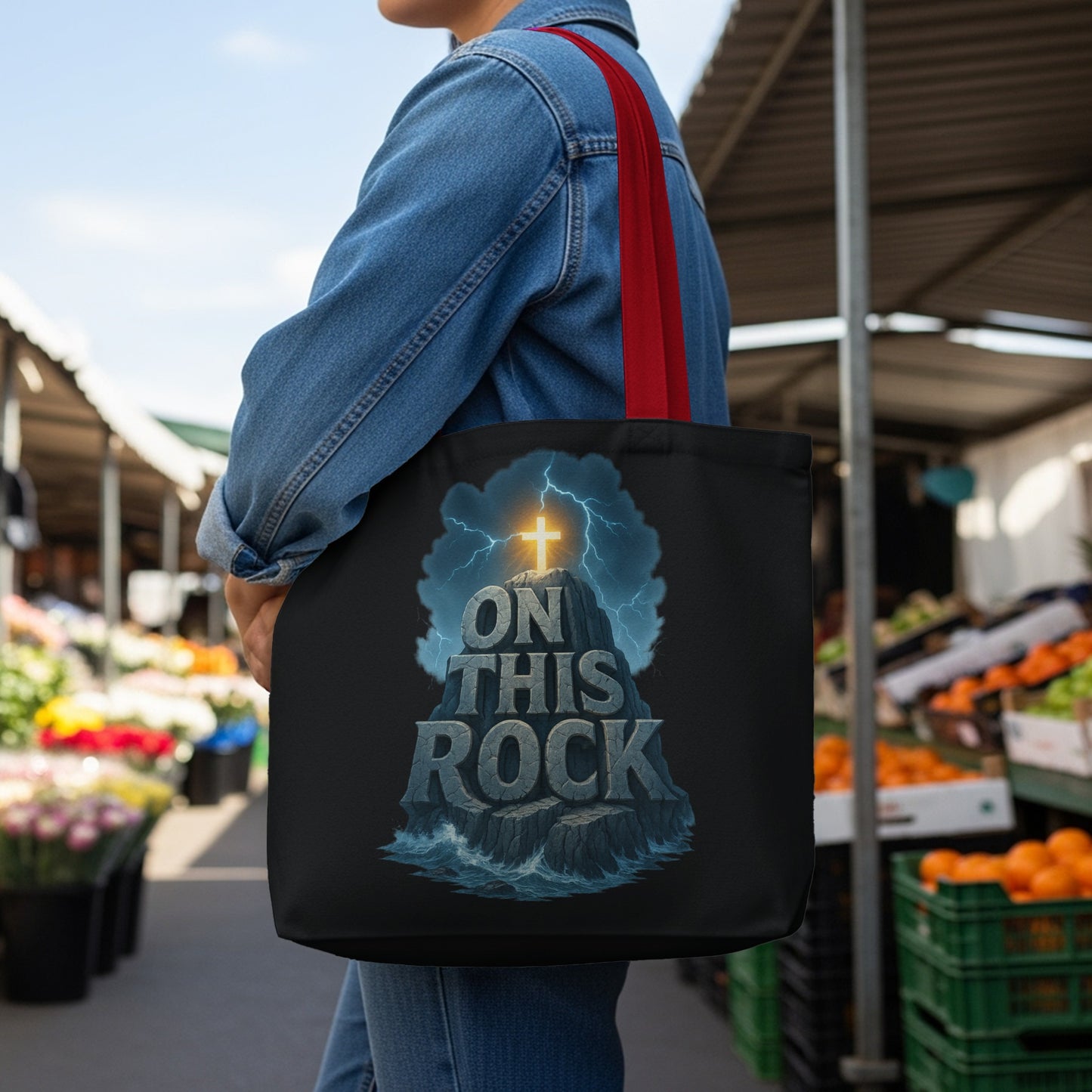 Tote bag with a graphic of a rocky mountain topped with a glowing cross and the words "ON THIS ROCK".