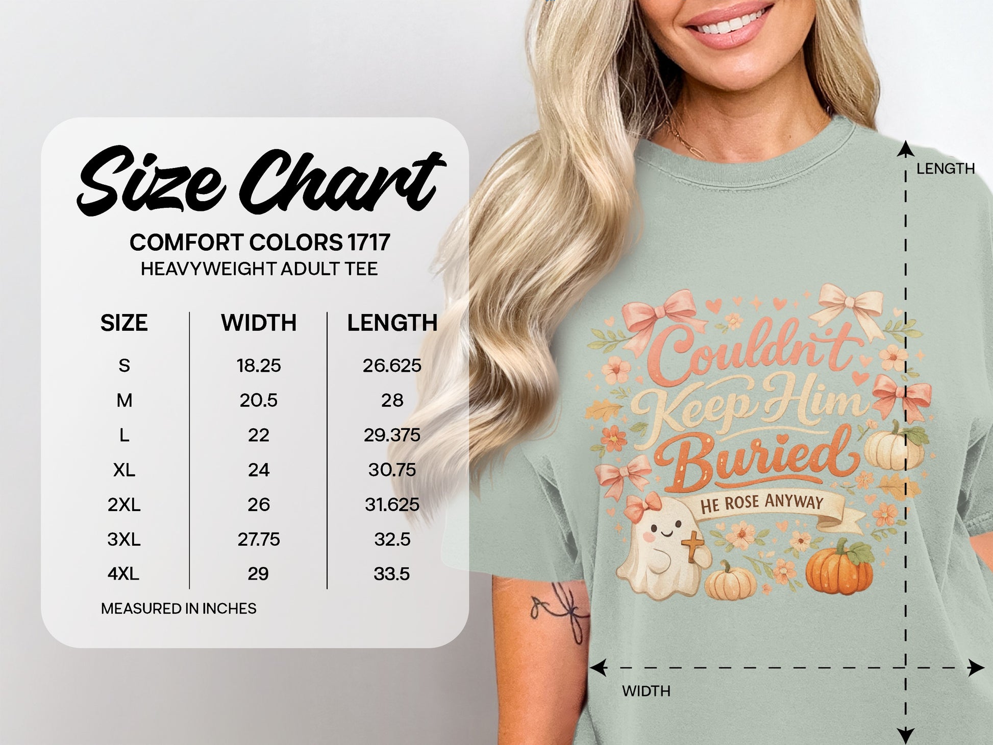 Comfort Colors 1717 heavyweight adult tee size chart with graphics of a ghost and pumpkins.