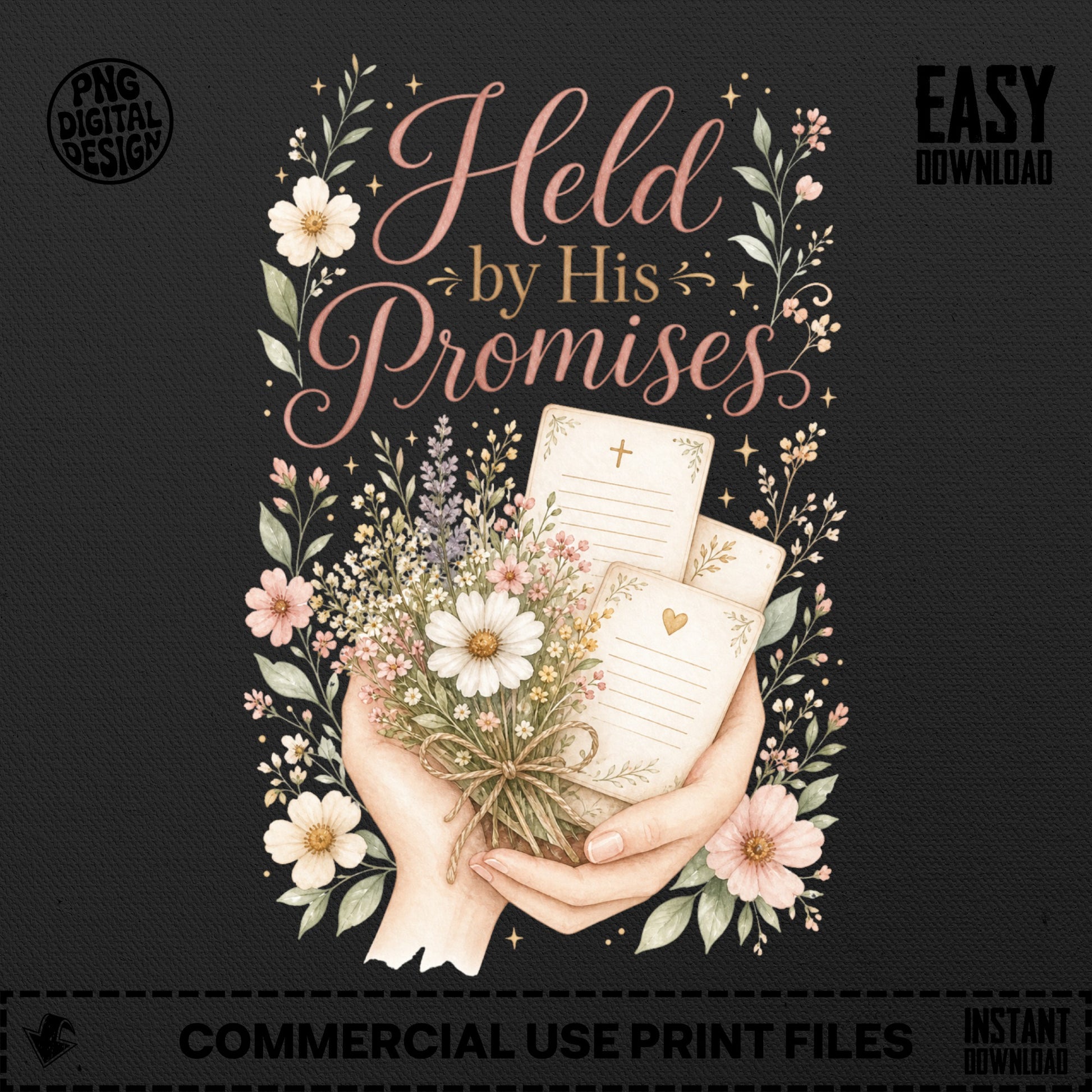 Watercolor illustration of hands holding flowers and three antique cards with "Held by His Promises" text.