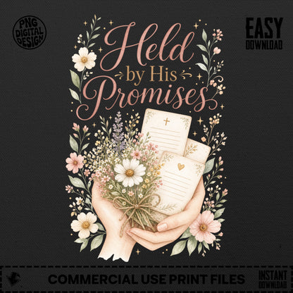 Watercolor illustration of hands holding flowers and three antique cards with "Held by His Promises" text.