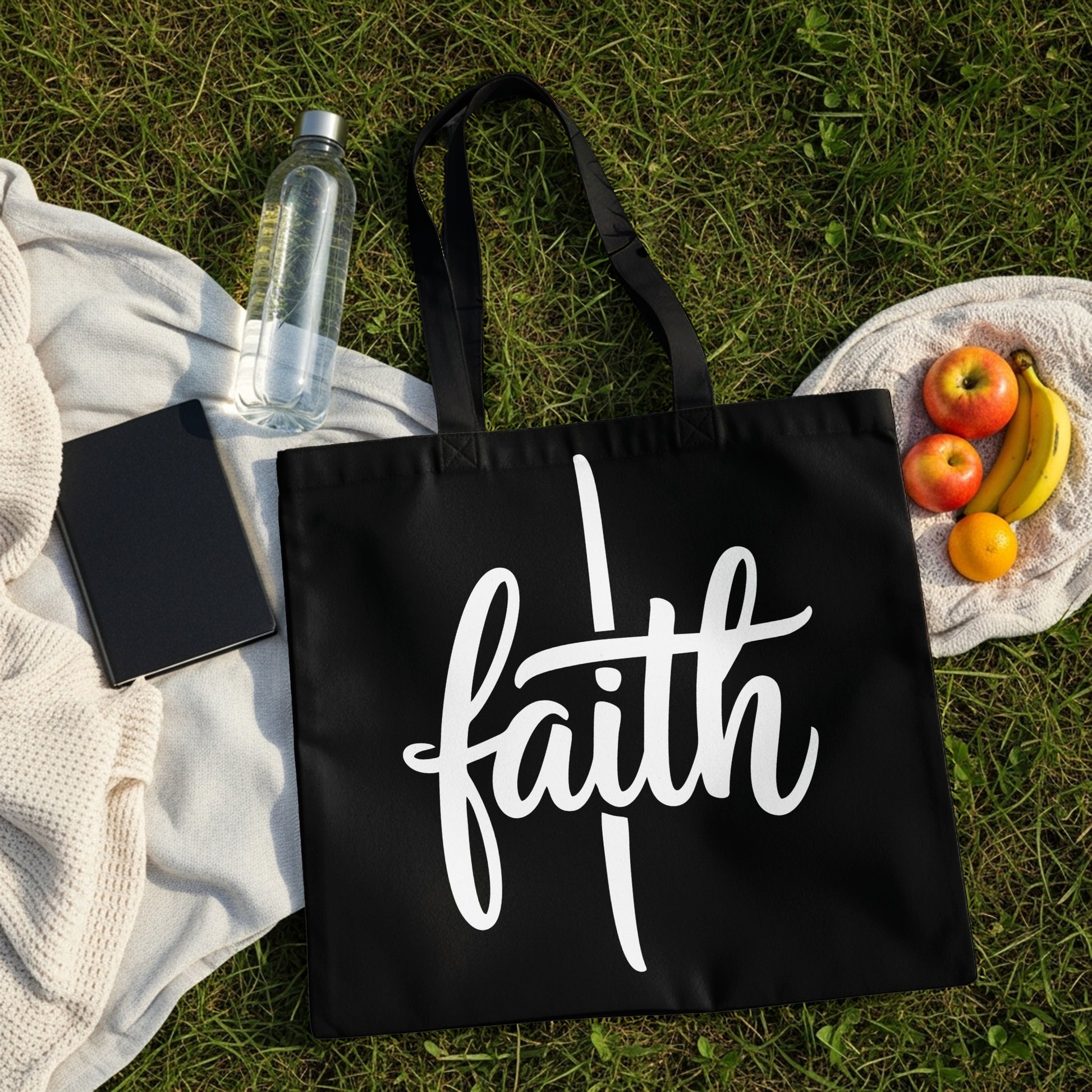 Black tote bag with white "faith" text and picnic items on grass.