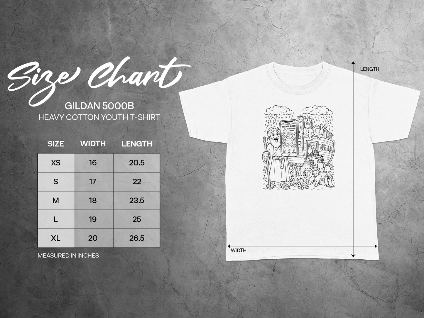 Gildan 5000B youth t-shirt size chart with width and length measurements in inches.