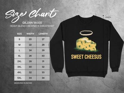 Gildan 18000 sweatshirt size chart with measurements and "Sweet Cheesus" graphic.