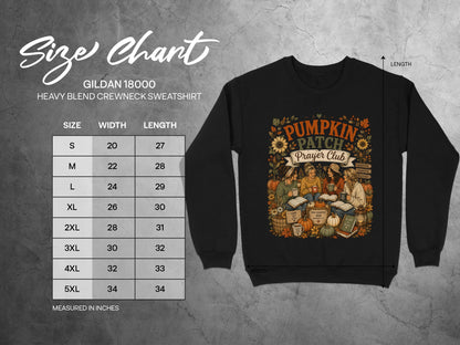 Gildan 18000 sweatshirt size chart with "Pumpkin Patch Prayer Club" graphic.