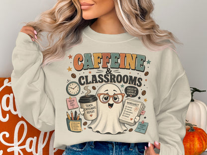Ghost graphic on sweatshirt with text "Caffeine & Classrooms" and teacher-themed elements.
