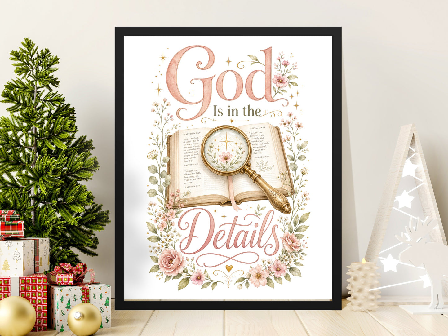 Framed artwork: "God Is in the Details" with open bible and floral wreath.