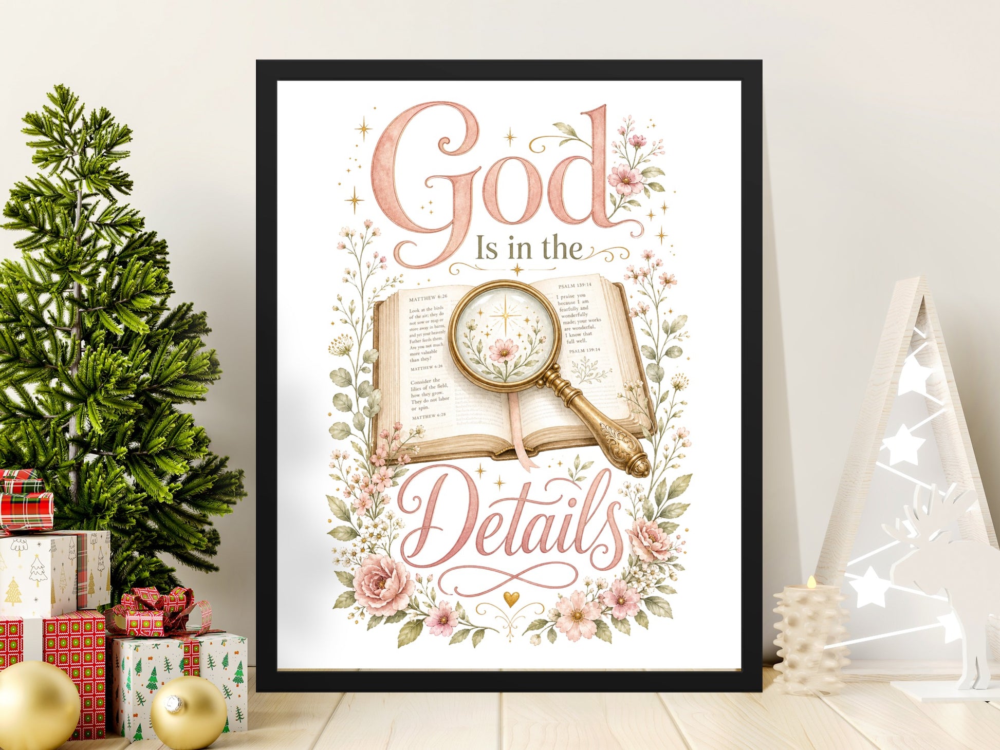 Framed artwork: "God Is in the Details" with open bible and floral wreath.