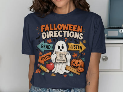 Falloween Directions shirt with ghost, pumpkins, and arrows for read, listen, follow.