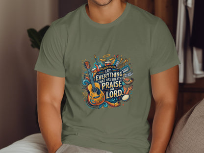 T-shirt graphic with musical instruments and Psalm 150:6 text about praise.
