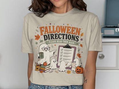 Halloween ghosts and pumpkin with text "Falloween Directions Please Read Them Again".