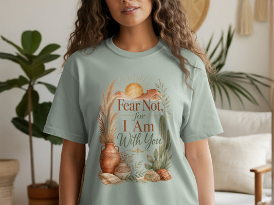 Light green t-shirt with desert scene and "Fear Not, for I Am With You" text.