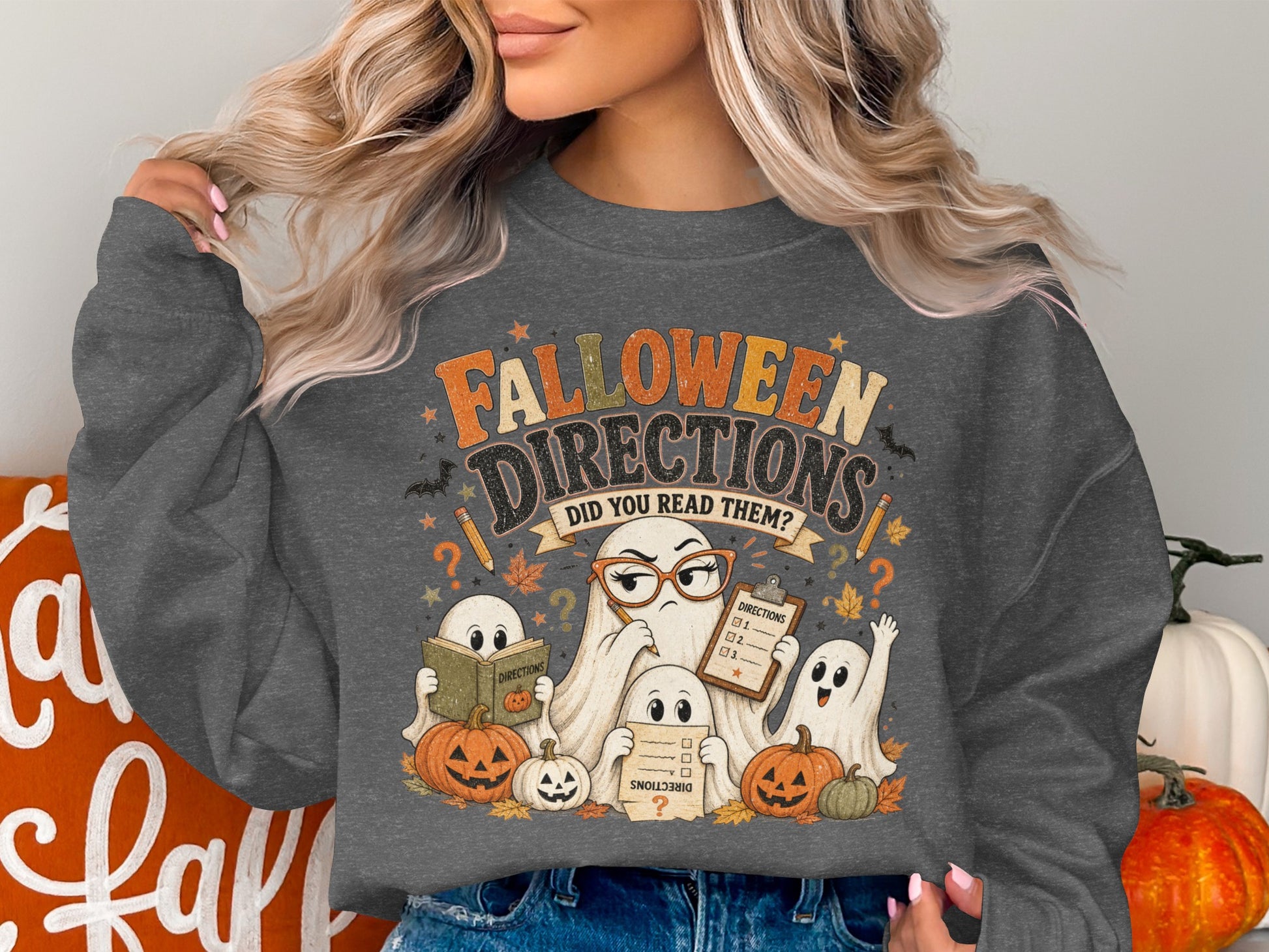Halloween Directions: Did You Read Them? graphic with ghosts and pumpkins.