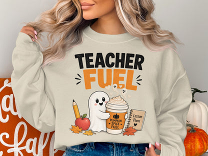 Ghost holding pumpkin spice fuel drink with "Teacher Fuel" text.