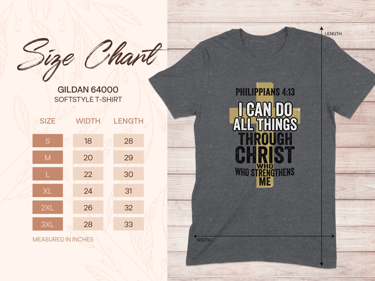 Gildan 64000 t-shirt size chart and Philippians 4:13 graphic.