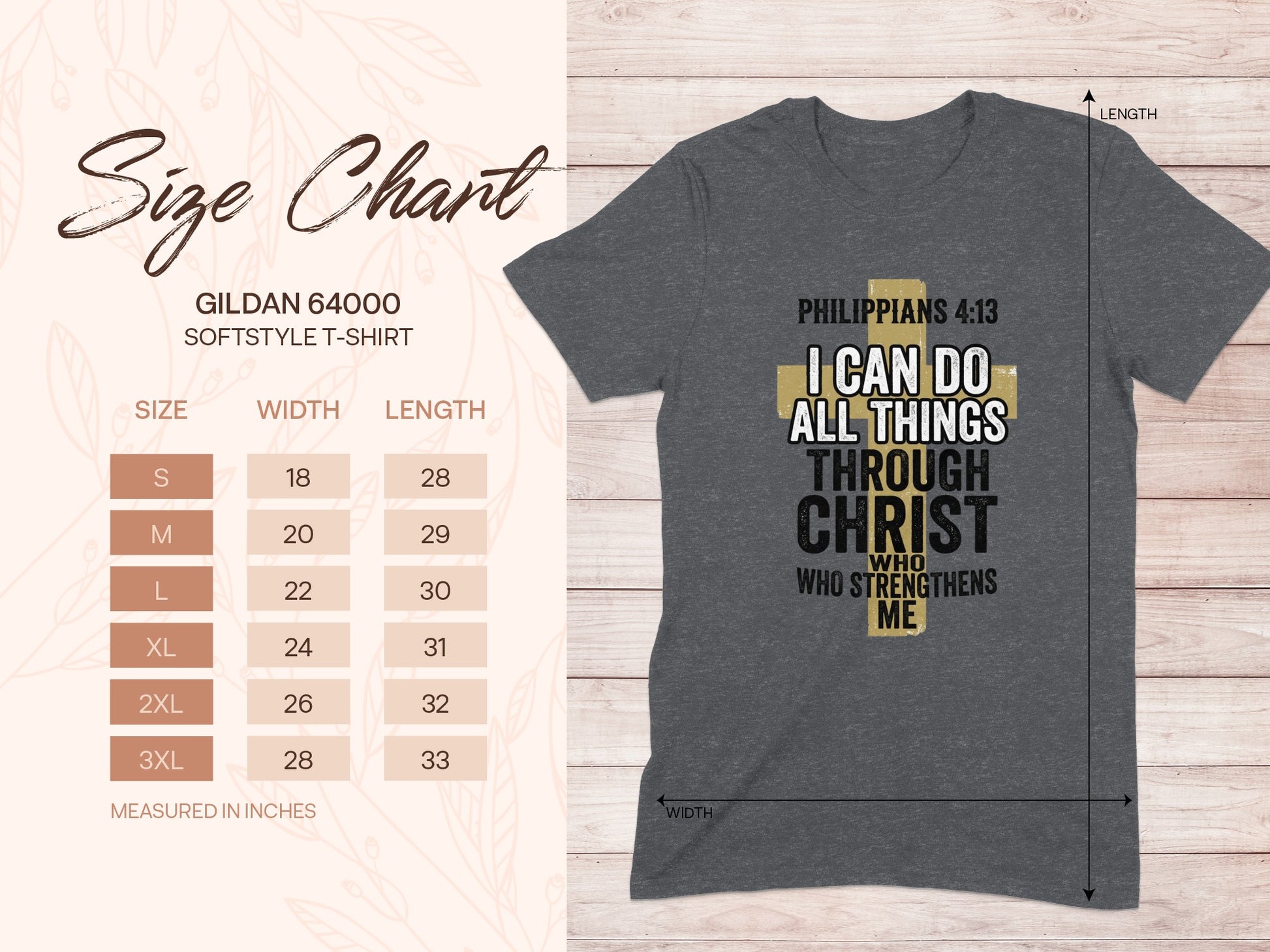 Gildan 64000 t-shirt size chart and Philippians 4:13 graphic.