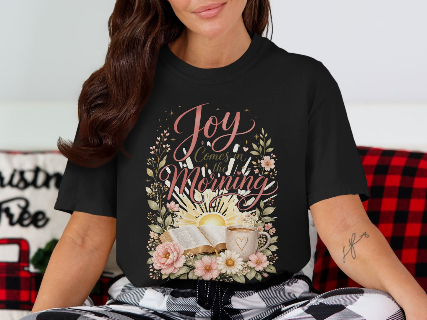 Black t-shirt with floral design and "Joy Comes in the Morning" text.