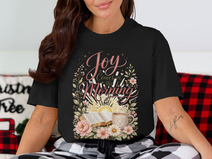 Black t-shirt with floral design and "Joy Comes in the Morning" text.
