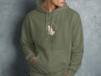 Hoodie with "The Lord is near" biblical text and praying hands graphic.