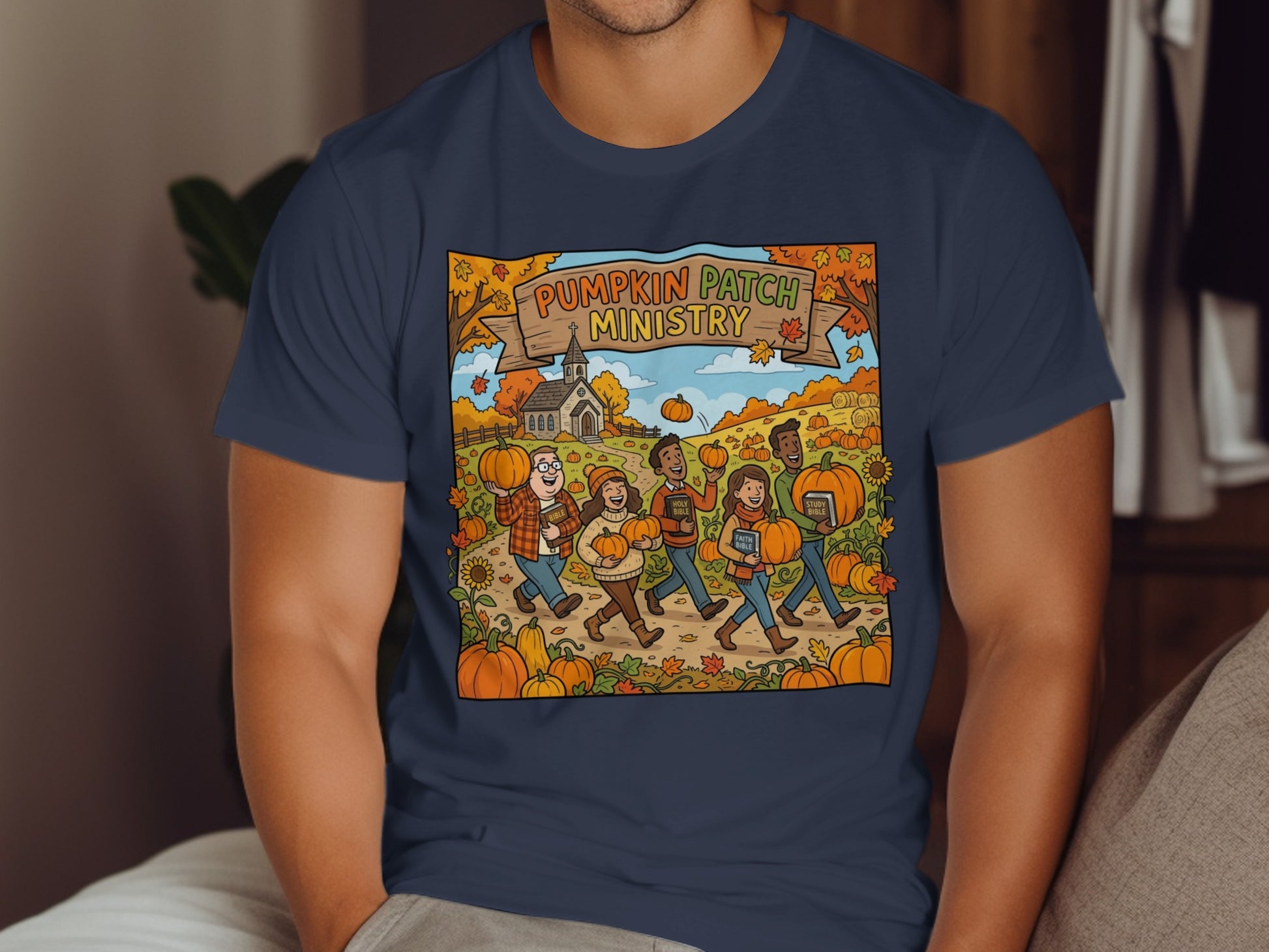 Illustration of people walking through a pumpkin patch toward a church.