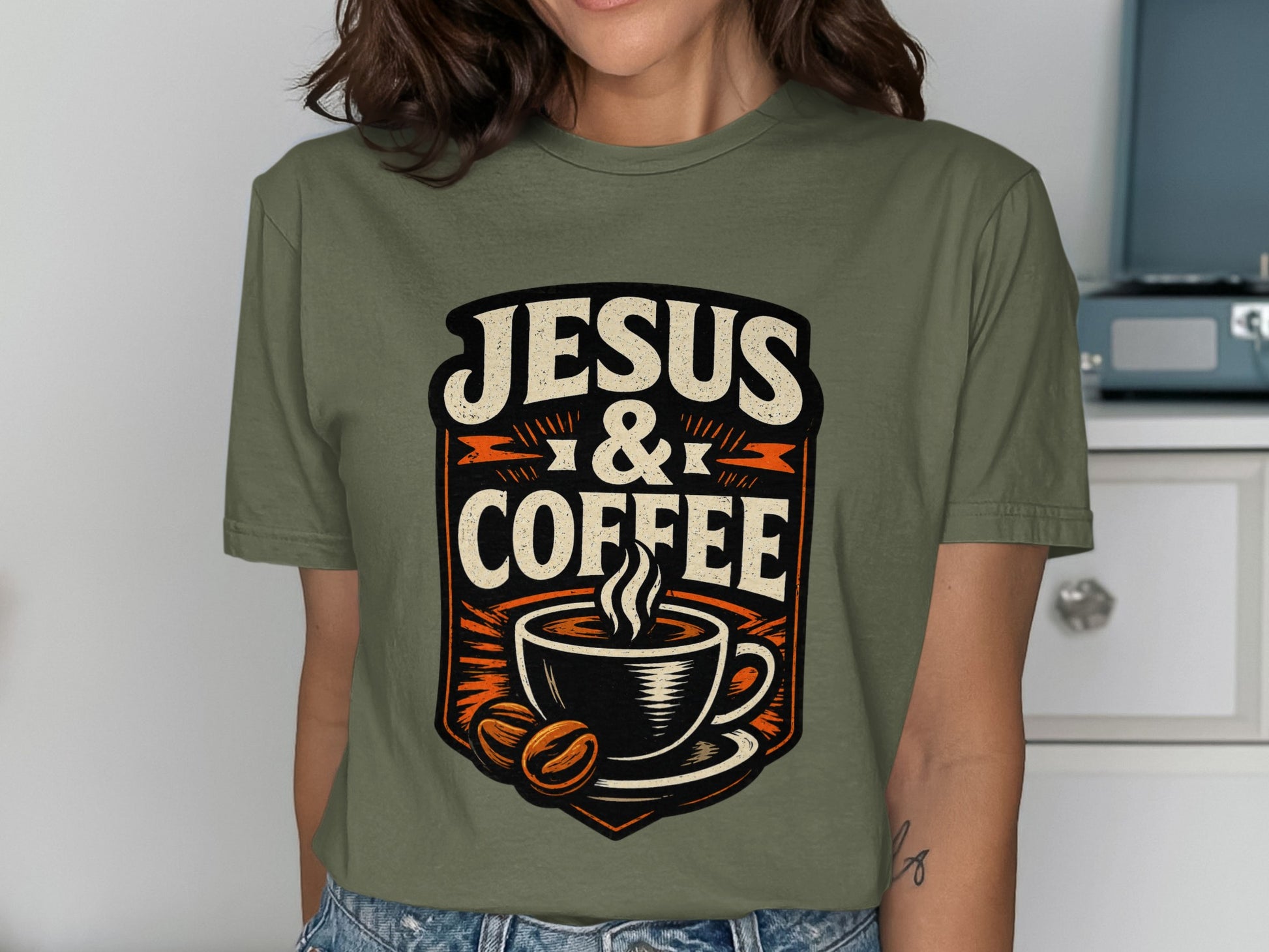 Olive green t-shirt with "Jesus & Coffee" text and a coffee cup graphic.