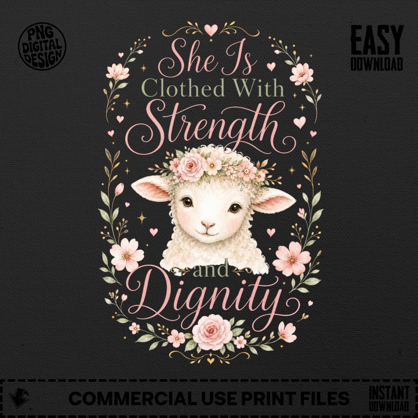 Watercolor lamb wearing a floral crown with text "She Is Clothed With Strength and Dignity".