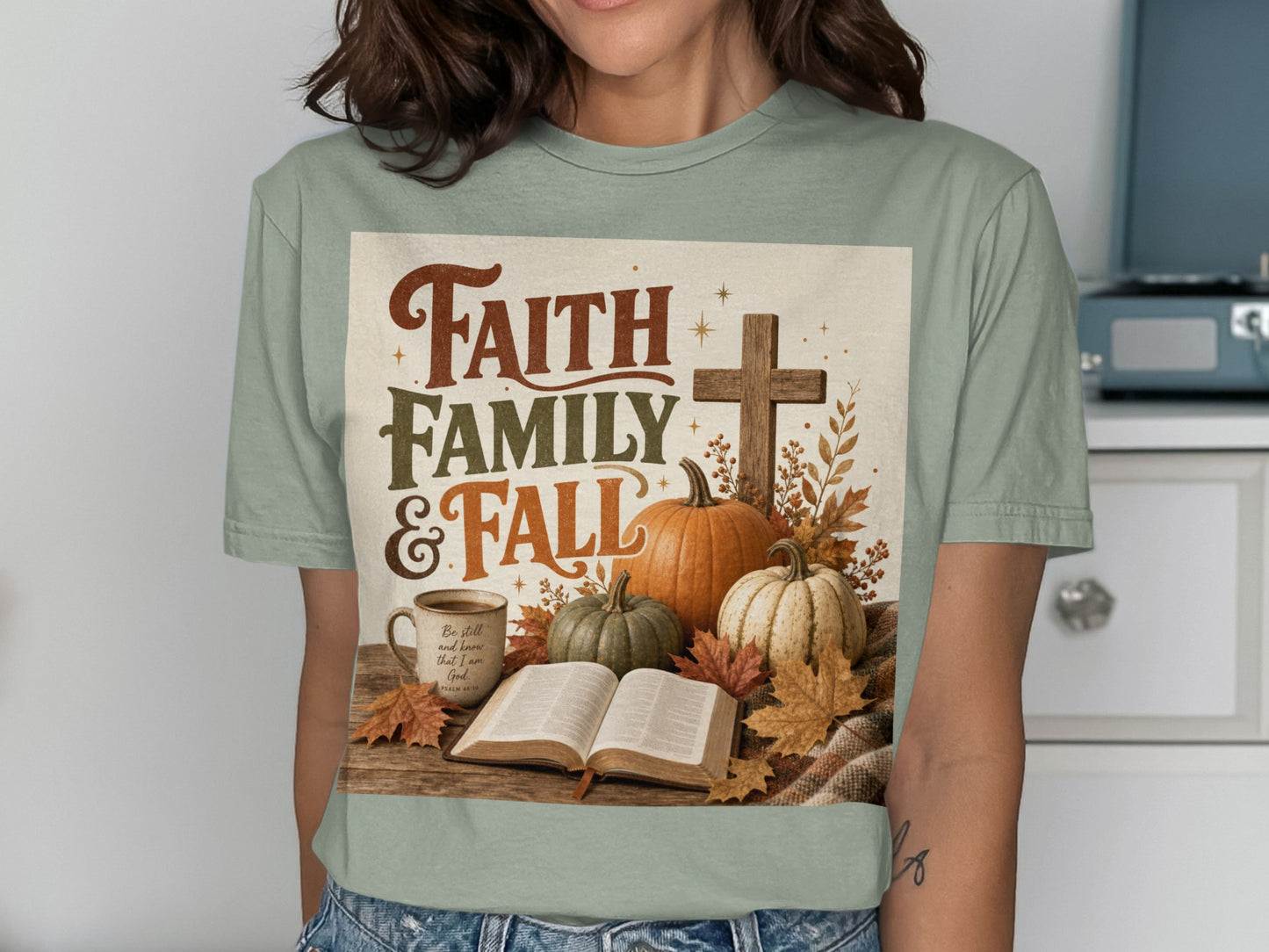 Faith Family & Fall design with pumpkins, cross, open Bible, and coffee mug.