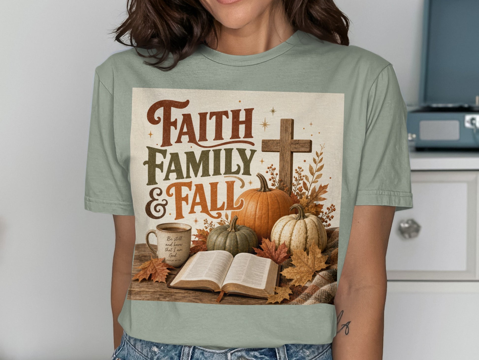 Faith Family & Fall design with pumpkins, cross, open Bible, and coffee mug.