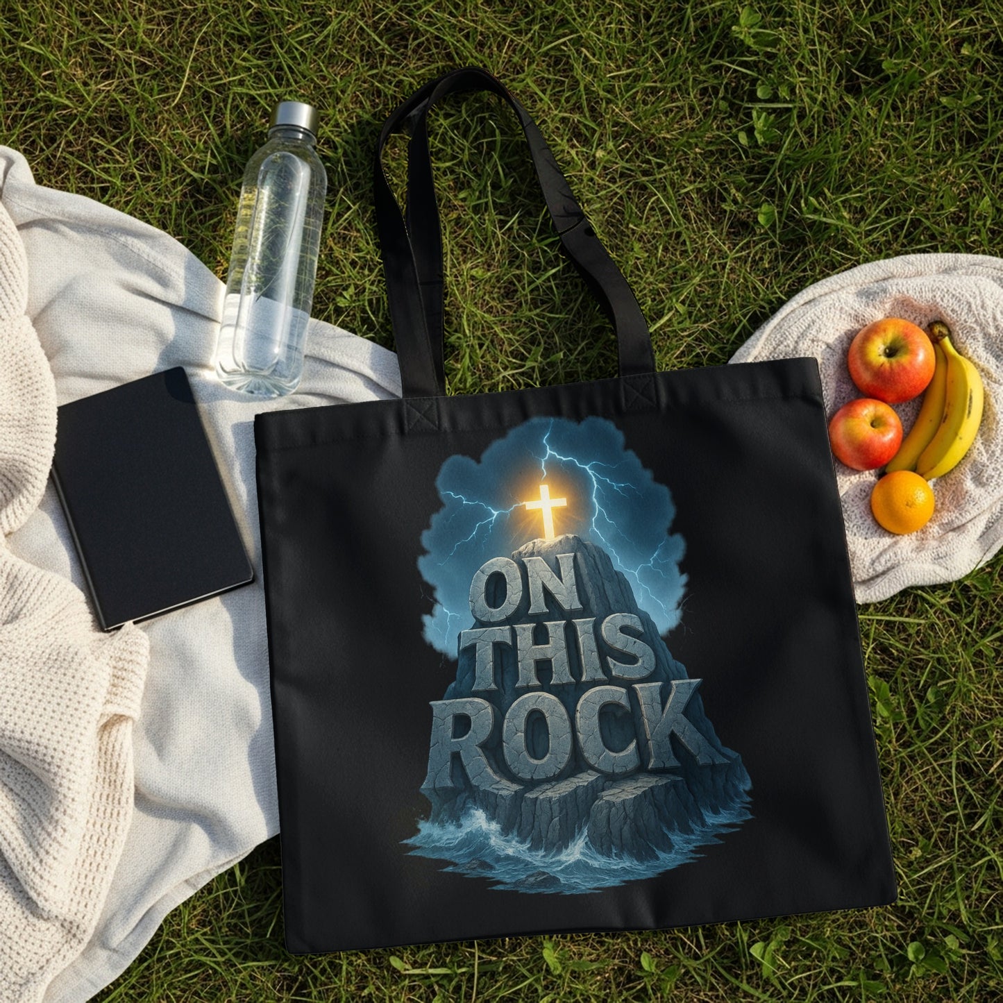 Black tote bag with graphic of a cross atop rocky cliff with text "ON THIS ROCK".
