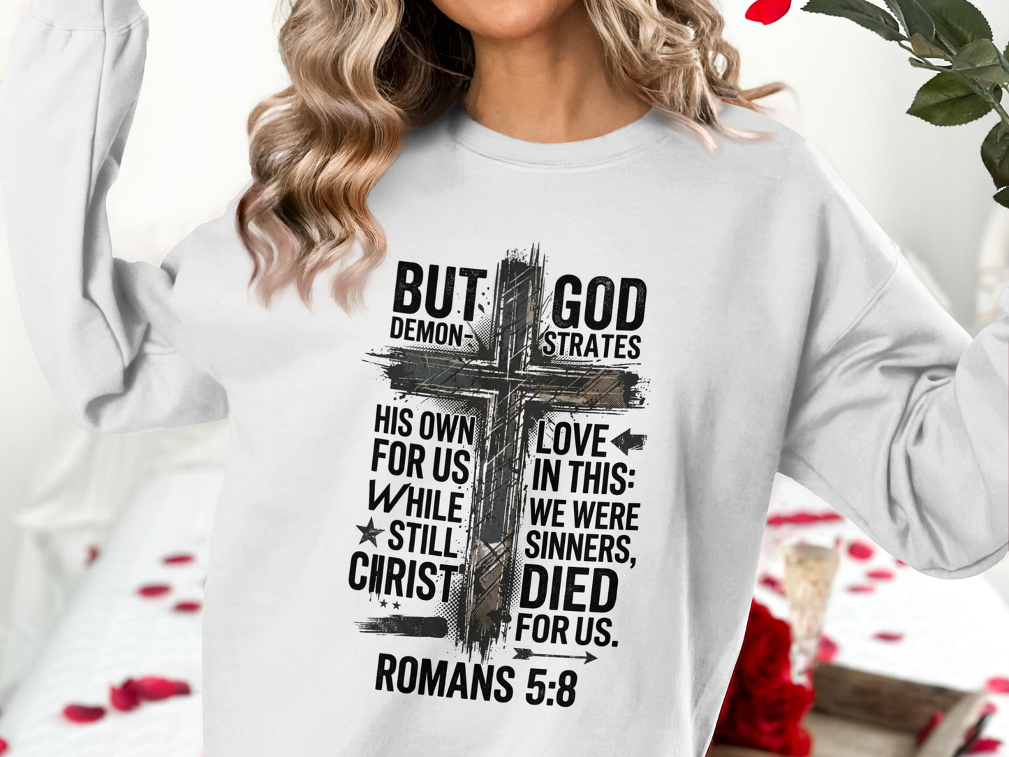 Cross graphic with "But God" and Romans 5:8 Bible verse.
