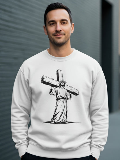 White sweatshirt with Jesus carrying the cross graphic.