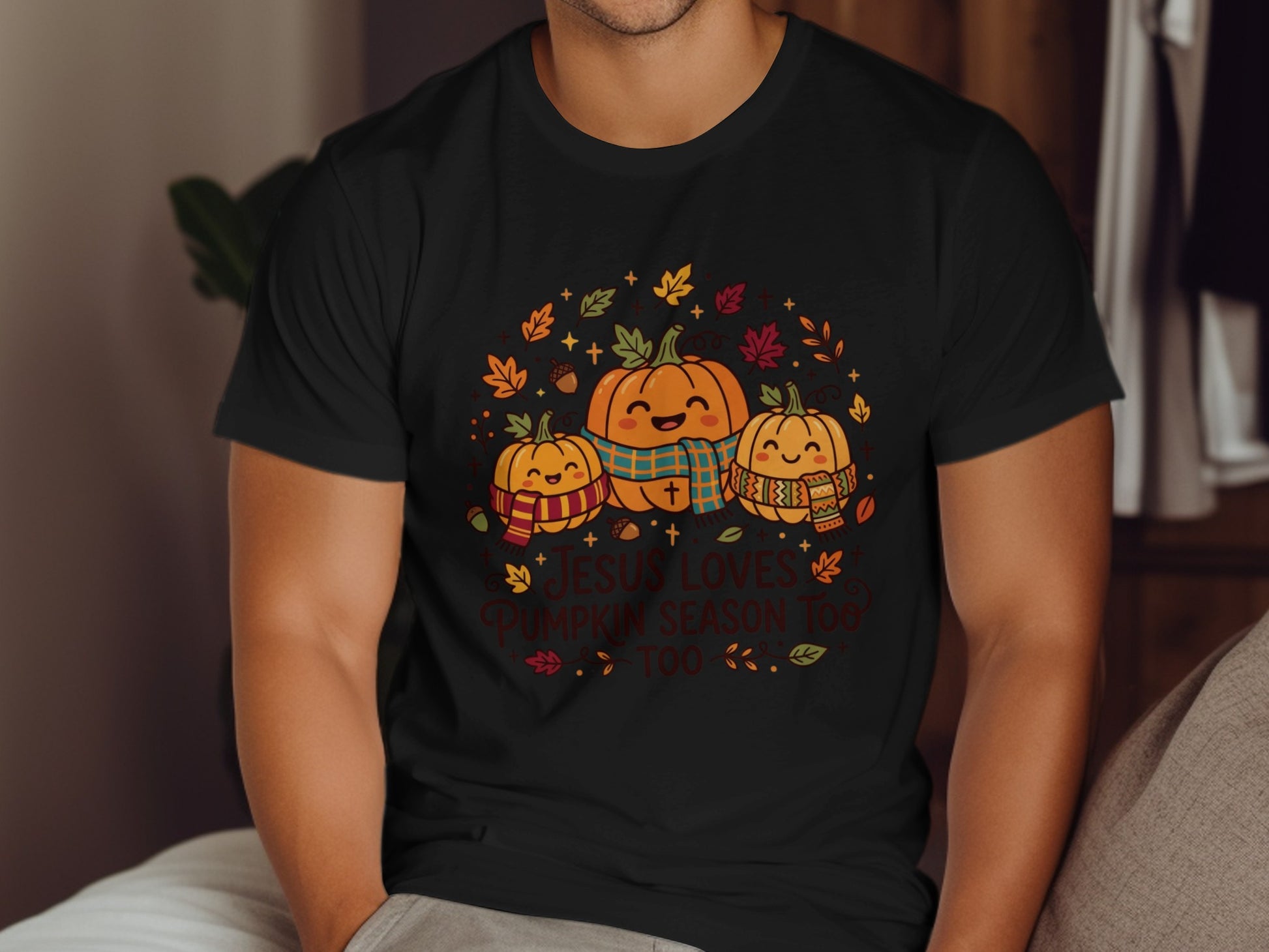 Three smiling pumpkins with scarves and text "Jesus loves pumpkin season too".