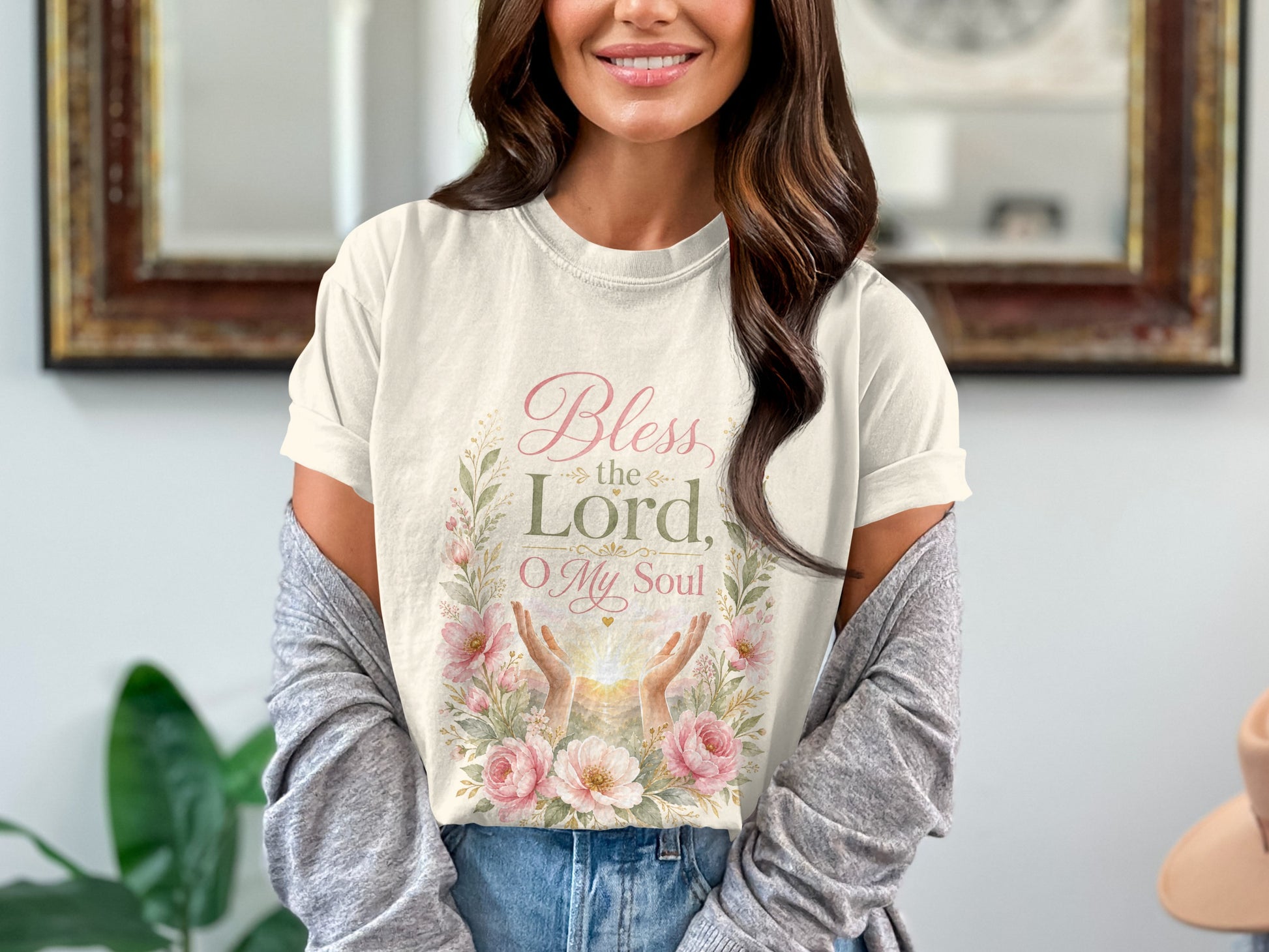 Cream t-shirt with "Bless the Lord, O My Soul" text and floral watercolor design.