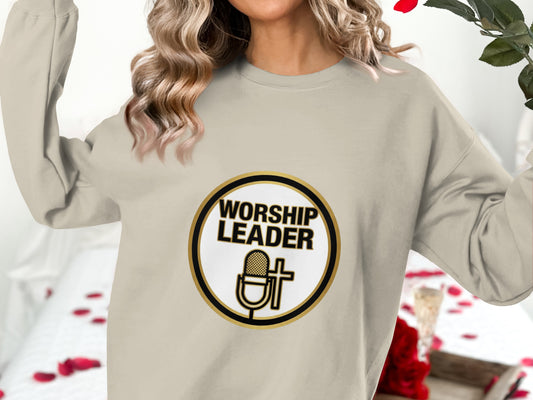 Beige sweatshirt with "Worship Leader" text and microphone graphic.
