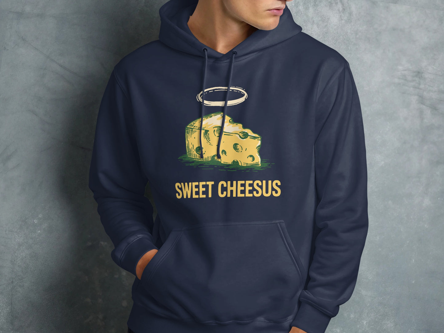 Navy hoodie with "Sweet Chesus" text and a haloed cheese wedge graphic.