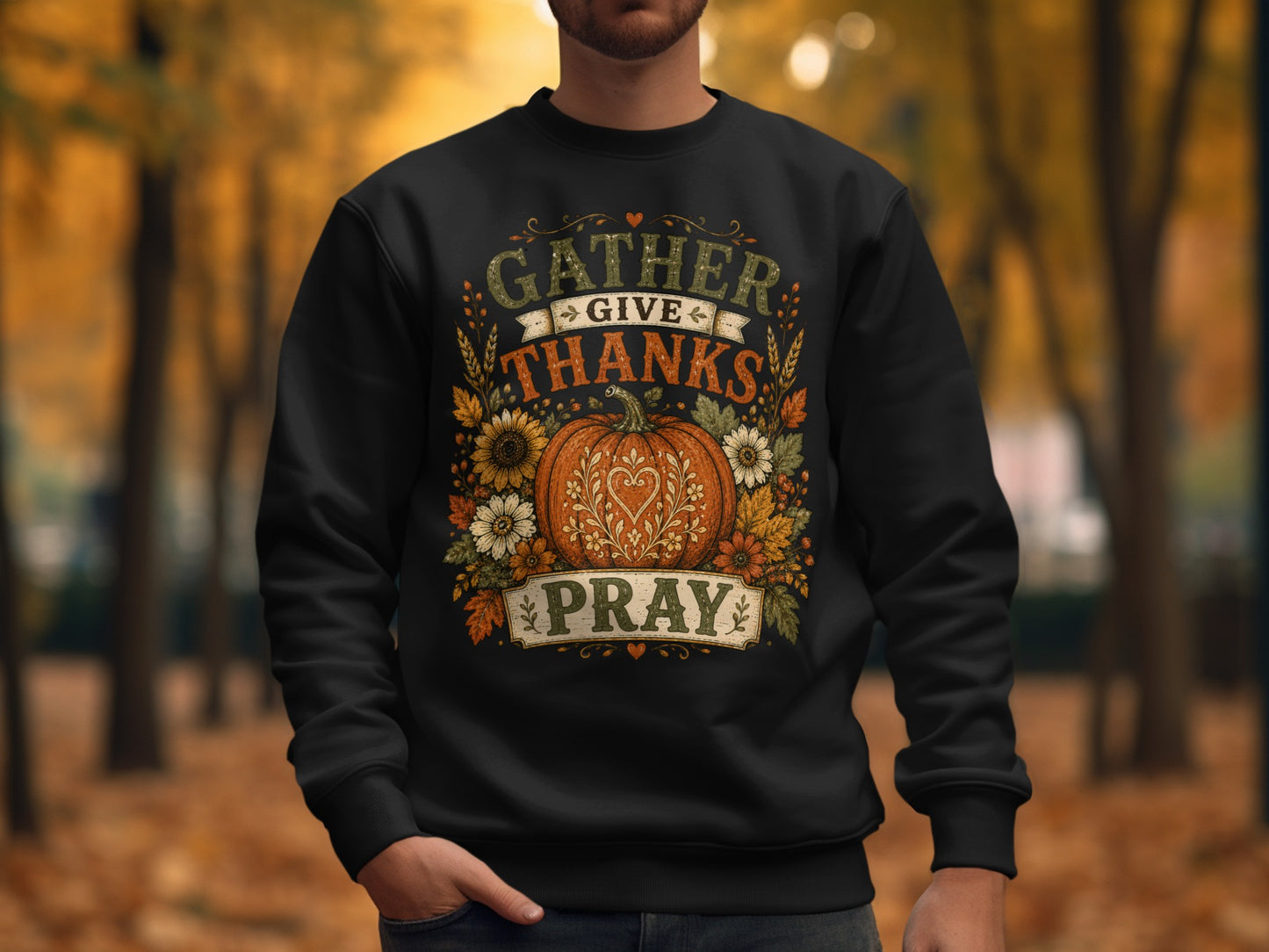 Black sweatshirt with "Gather Give Thanks Pray" and pumpkin design.